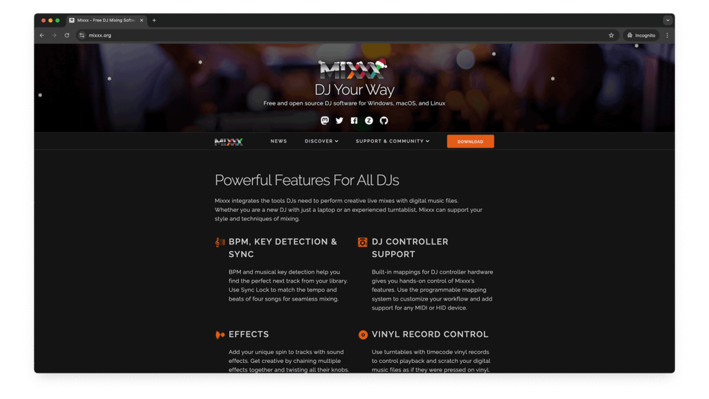 Screenshot of the MIXXX DJ Software website